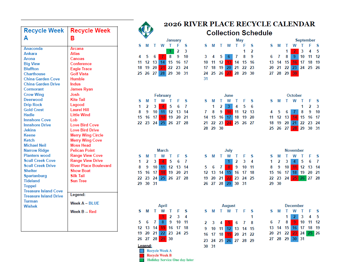 2026 River Place Garbage Calendar